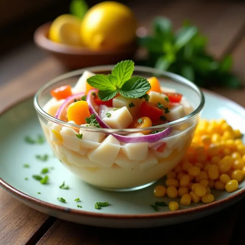 Ceviche de corvina con leche de limón y chontaduro servido en copa de cristal, con trozos de pescado blanco marinado, chontaduro cremoso, cebolla morada y maíz tostado, decorado con hierbabuena fresca.