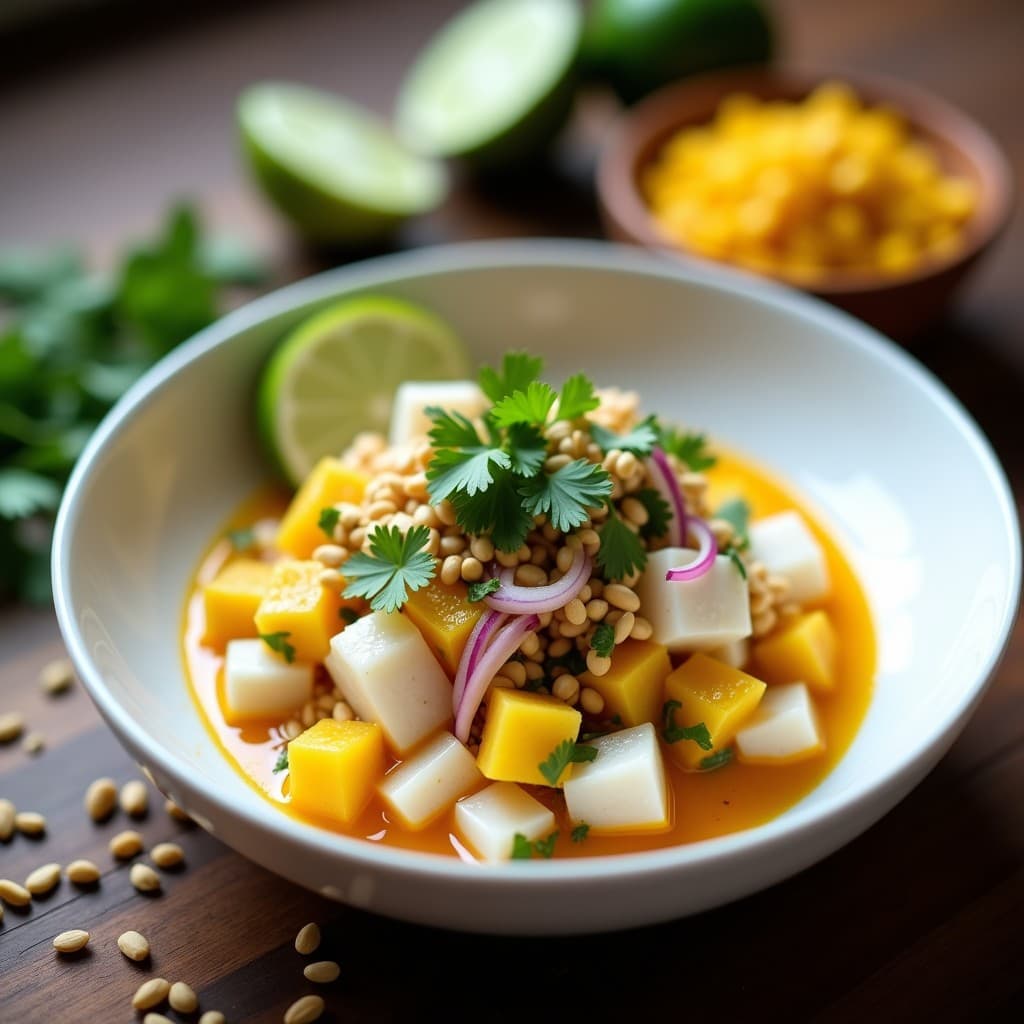 Ceviche de corvina y cocona con leche de tigre de camu camu servido en plato blanco hondo, con cubos de pescado blanco marinado, trozos de cocona amarilla, cebolla morada en juliana, cilantro fresco y maní picado. Acompañado de cancha serrana y decorado con rodajas de limón y hojas de huacatay.
