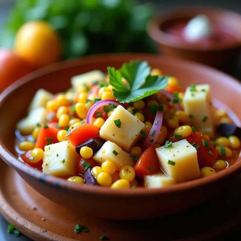 Plato hondo de cerámica blanca con ceviche de corvina ecuatoriano: trozos de pescado blanco marinados en jugo de naranja y limón, mezclados con cebolla morada, tomate de árbol y cilantro fresco. Acompañado de chifles de plátano verde y decorado con hojas de culantro. Fondos borrosos con tonos cálidos.