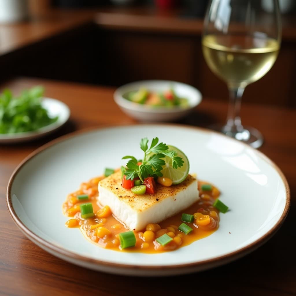 Plato hondo de cerámica blanca con ceiche de corvina en cubos, bañado en una salsa cremosa de leche de coco y ají amarillo, acompañado de camote morado, cebolla roja en juliana y culantro fresco. Decorado con hojitas de cilantro y rodajas de limón verde al lado.