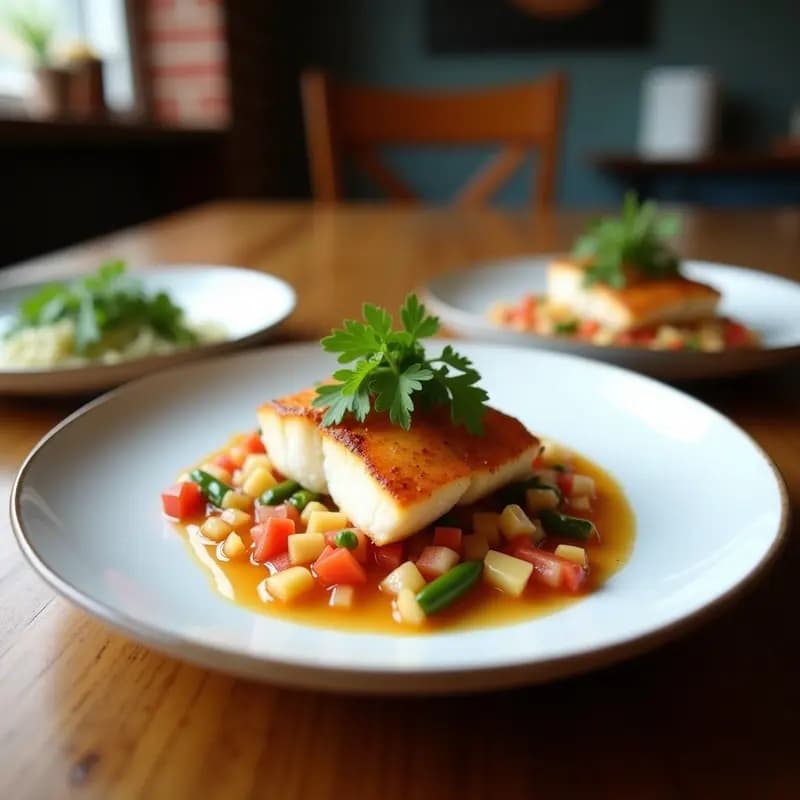 Vaso transparente con ceviche de corvina y leche de coco en capas: base de lechuga morada, trozos de corvina marinada en leche de tigre cremosa con coco, tomate cherry, pimiento rojo y semillas de sésamo. Decorado con cilantro fresco y rodajas de lima al lado. Receta ecuatoriana en vaso con ají charapita.