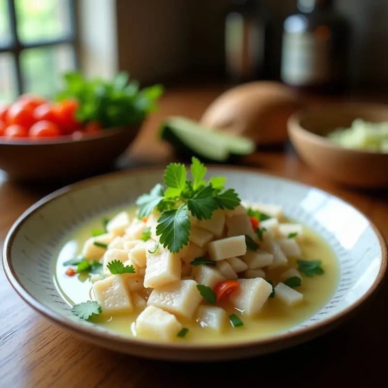 Ceviche de corvina con leche de coco y cilantro servido sobre hojas de lechuga morada, con cubos de pimiento rojo, cebolla morada y semillas de sésamo, receta ecuatoriana crudivegana y alta en omega-3.