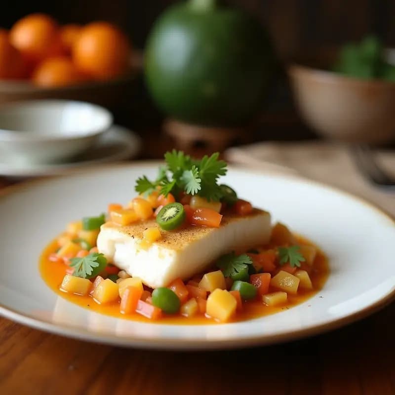 Ceviche de corvina con leche de coco y cítricos servido en copa de cristal sobre mesa rústica de madera, con trozos de corvina marinada en salsa cremosa blanca, cebolla morada, pimiento rojo y semillas de sésamo, decorado con hojas de cilantro y rodajas de limón verde, receta costarricense fresca.