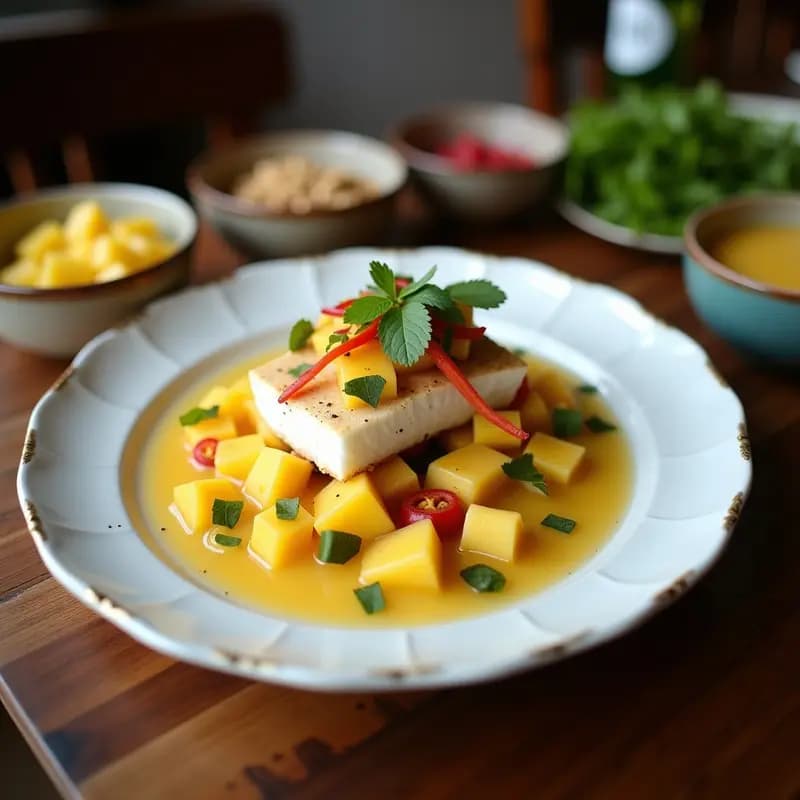 Ceviche de corvina y leche de coco servido en copa de cristal, con trozos de mango maduro, rodajas de chile panameño, semillas de sésamo y hojas de cilantro fresco, receta costarricense fresca y colorida.