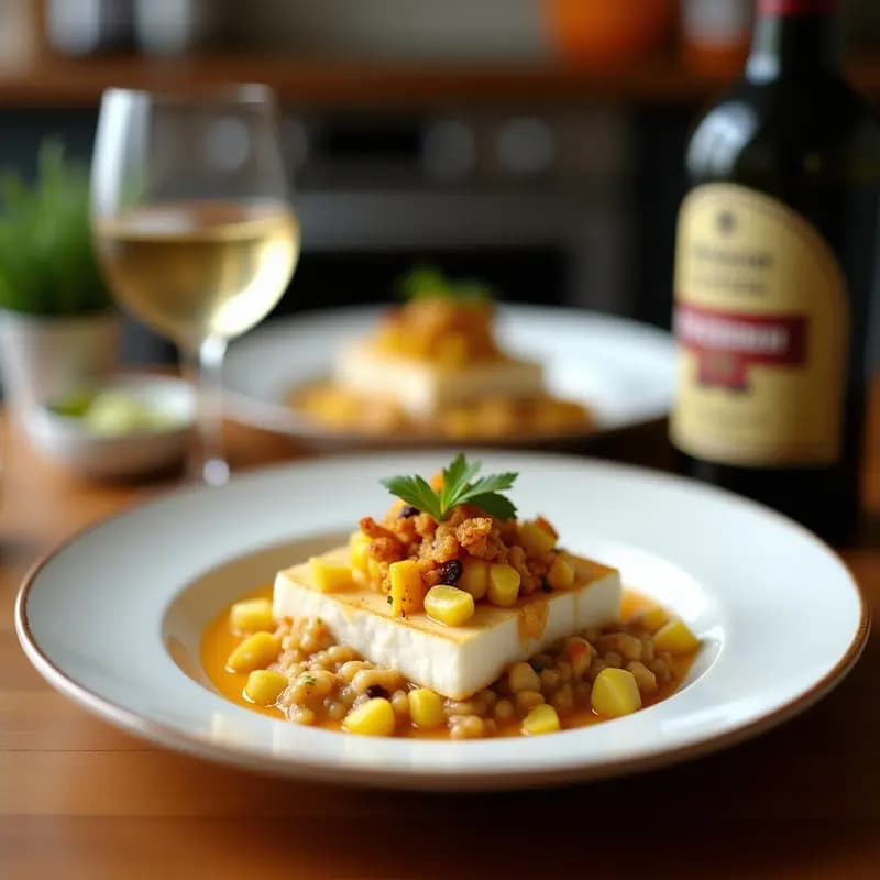 Ceviche de corvina y leche de coco sin lácteos servido en copas de cristal, con trozos de pescado blanco marinado, cebolla morada, tomate y pimiento rojo, coronado con crujiente de maíz tostado y semillas de sésamo. Receta ecuatoriana fresca y colorida.