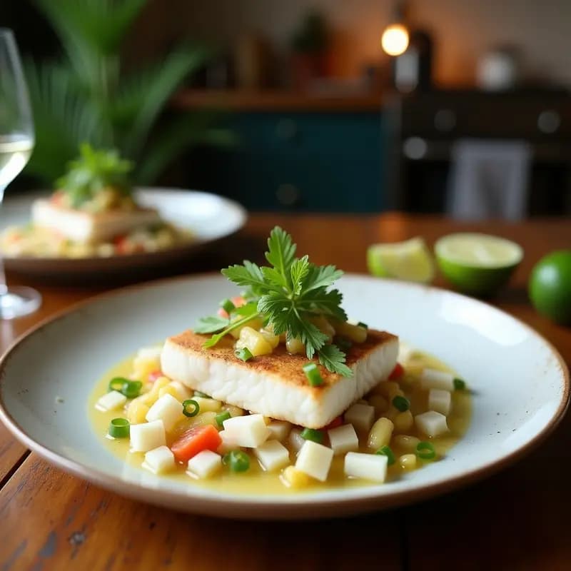 Plato blanco con ceviche de corvina en cubos marinado en leche de coco y lima, acompañado de cebolla morada, pimiento amarillo, ají limo y cilantro fresco sobre hojas de lechuga romana. Decorado con semillas de sésamo tostado y rodajas de lima al lado.