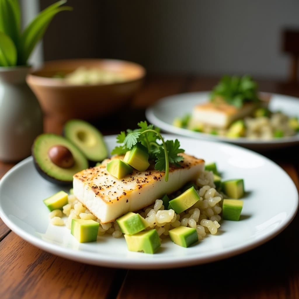 Plato blanco ovalado con ceviche de corvina en cubos, bañado en salsa cremosa de leche de coco y cítricos, acompañado de palta Hass en trozos, cebolla morada, cilantro fresco y semillas de sésamo. Servido sobre hojas de lechuga romana y decorado con un hilo de leche de coco y merquén espolvoreado.