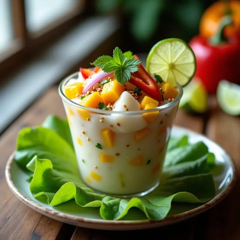 Ceviche de corvina con leche de coconut y mango servido en hojas de lechuga morada, decorado con semillas de sésamo y cilantro fresco, en un plato blanco rústico con rodajas de limón verde al lado.