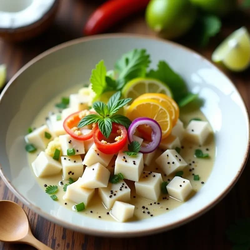 Ceviche de corvina y leche de coconut servido en un plato de cerámica blanca, con trozos de pescado marinado en leche de coco y limón, decorado con crujiente de plátano verde dorado, cebolla morada en juliana, cilantro fresco y semillas de sésamo. Fondos borrosos de ingredientes tropicales como coco y limones.