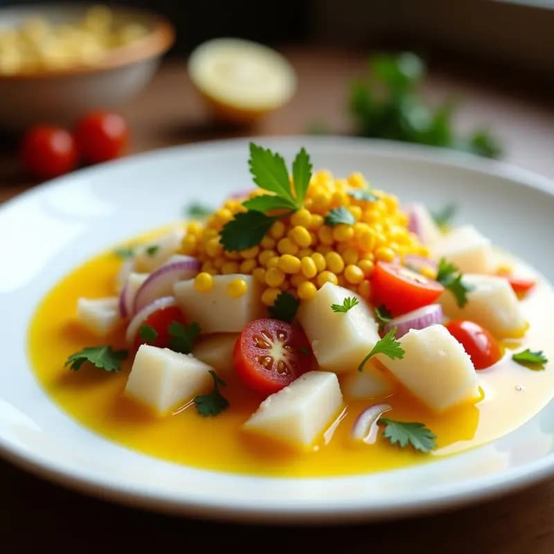 Ceviche de corvina con leche de maracuyá servido en plato blanco, con trozos de pescado blanco marinado en salsa amarilla ácida, cebolla morada, tomate cherry y espolvoreado de maíz tostado dorado. Decorado con hojas de cilantro fresco.