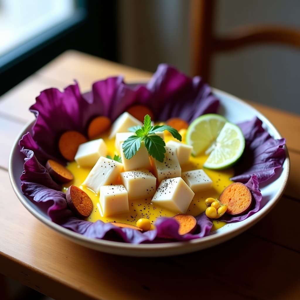 Plato elegante con ceiche de corvina marinada en leche de tigernut y limón, servido sobre hojas de lechuga morada, acompañado de rodajas de camote morado y maíz tostado, con un toque de culantro fresco.