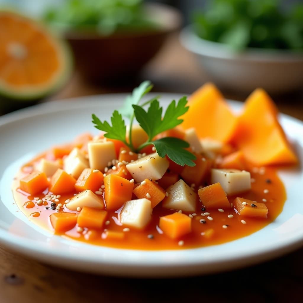 Plato blanco con ceviche de corvina en cubos marinados en leche de tigre de acerola, decorado con semillas de sésamo y cilantro fresco, acompañado de rodajas de papa camote al vapor, receta brasileña fresca y vitamínica.