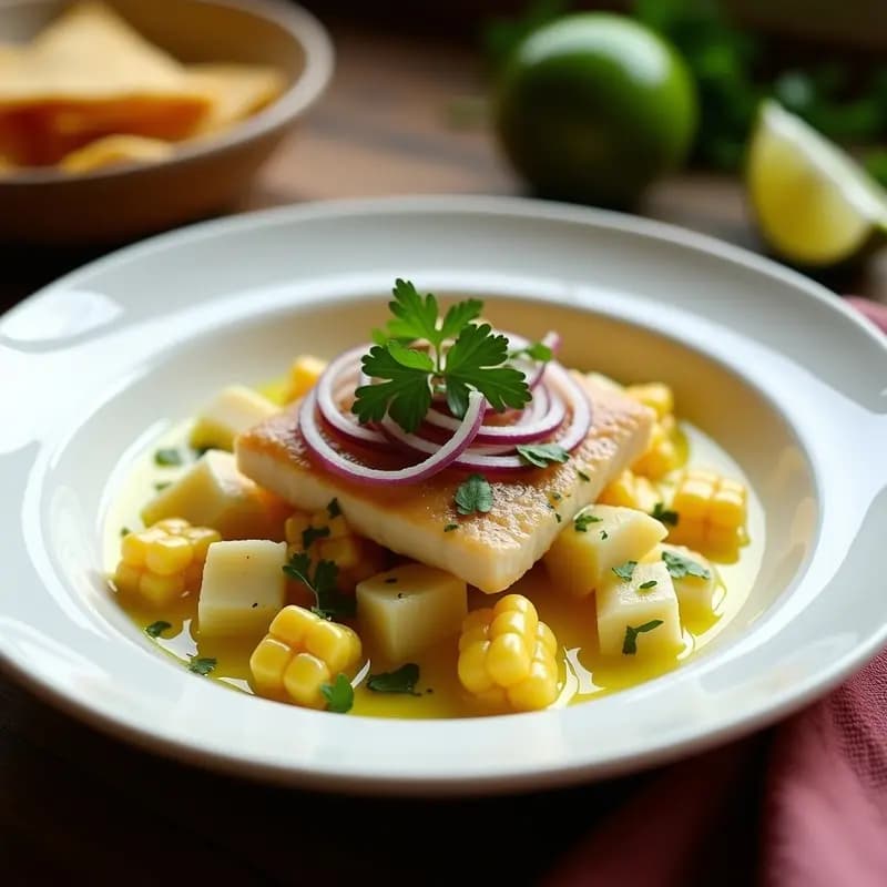 Plato hondo blanco con ceviche de corvina en cubos marinados en leche de tigre, acompañado de rodajas de papa amarilla, camote, hojas de lechuga y espolvoreado con cancha serrana tostada. Decorado con culantro fresco y un chorrito de leche de tigre.