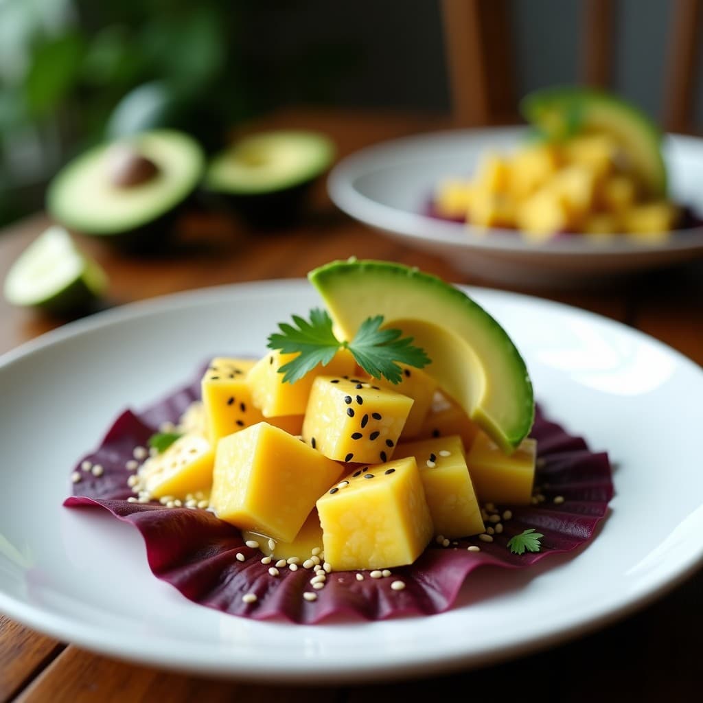 Plato blanco con ceviche de corvina en cubos, bañado en leche de tigre de maracuyá amarilla, servido sobre hojas de lechuga morada y decorado con láminas de aguacate y semillas de sésamo tostadas. Receta peruana keto sin gluten.