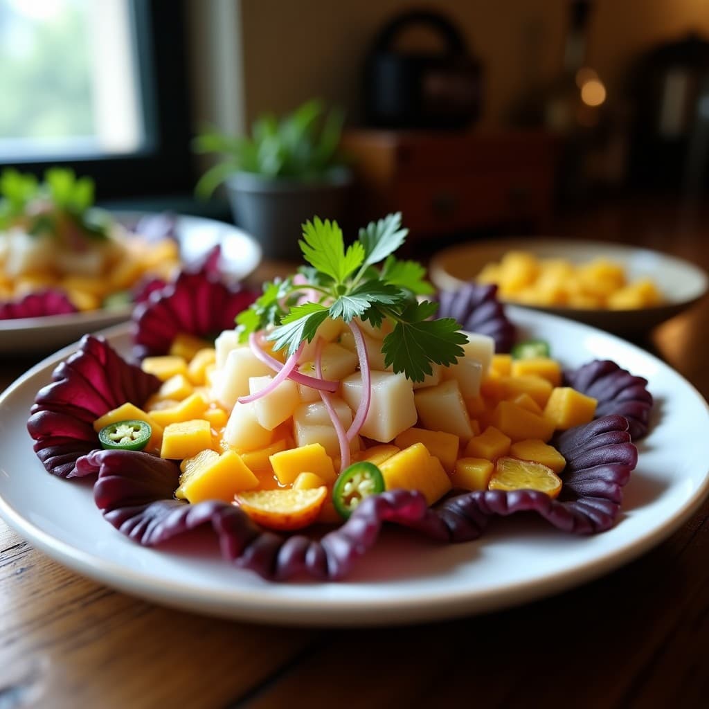 Plato de ceviche de corvina con leche de tigre de mango y jalapeño, servido sobre hojas de lechuga morada, acompañado de rodajas de camote morado y maíz tostado, con decoración de láminas de jalapeño y culantro fresco.
