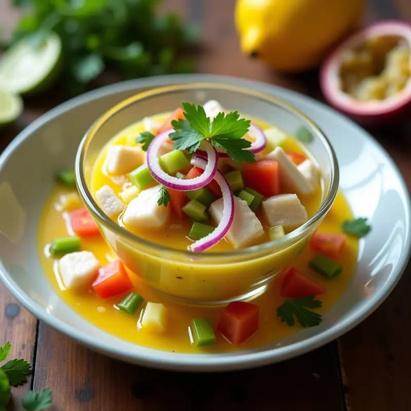 Ceviche de corvina con leche de tigre de maracuyá y poleo servido en copa transparente, con trozos de pescado blanco, cebolla morada, tomate y cilantro fresco. Plato costarricense fresco y cítrico.