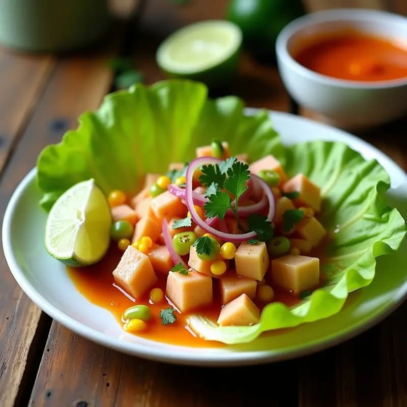 Ceviche de corvina con leche de tigre de tamarillo servido en hojas de lechuga romana, con trozos de maíz, cebolla morada y cilantro fresco. Plato colorido y fresco, típico de la cocina chilena, con un marinado ácido y afrutado.
