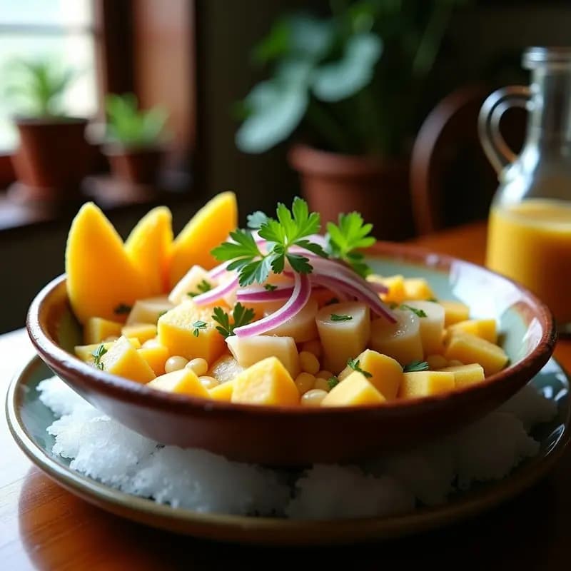 Ceviche de corvina con leche de tigre de tumbo servido sobre hojas de lechuga, decorado con rodajas de rocoto y acompañado de maíz tostado. Plato tradicional peruano fresco y colorido.