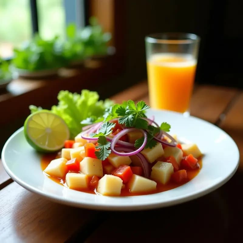 Ceviche de corvina y lechuga de mar servido en plato blanco con leche de tigre de limón mandarina, decorado con rodajas de limón y cilantro fresco, receta costarricense fresca y colorida.