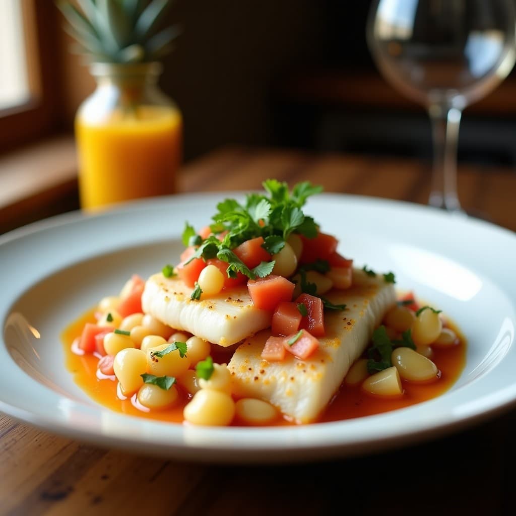 Plato de ceviche de corvina con cubos de pescado blanco marinado en leche de tigre, acompañado de lechuga de mar verde, salsa de maracuyá amarilla, camote morado y maíz tostado. Receta peruana sin gluten y alta en proteína.