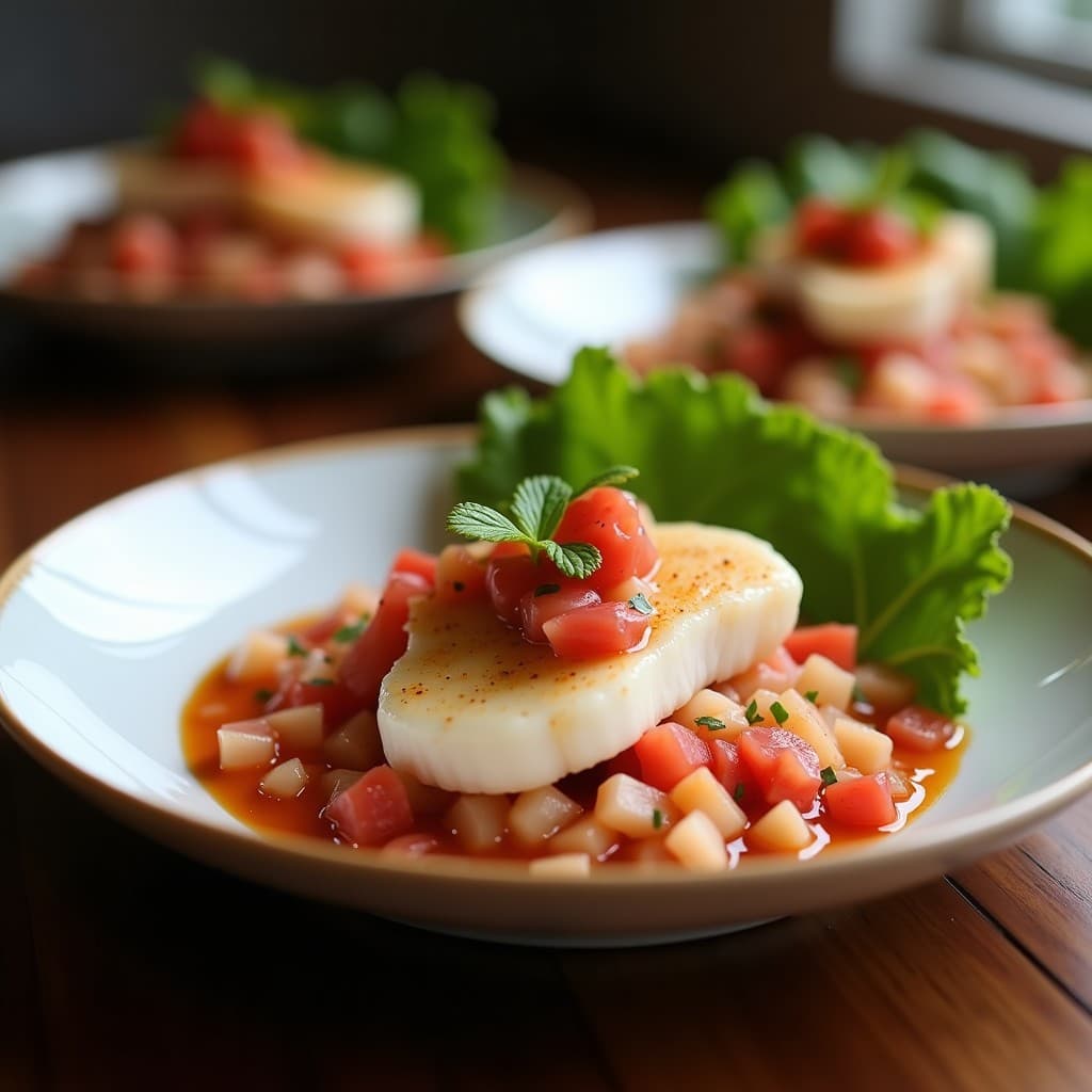 Ceviche Nikkei de corvina y litchi con leche de coco servido en un bol blanco sobre fondo de madera oscura, decorado con semillas de sésamo, cilantro fresco y rodajas de litchi, con un toque de aceite de sésamo brillante.