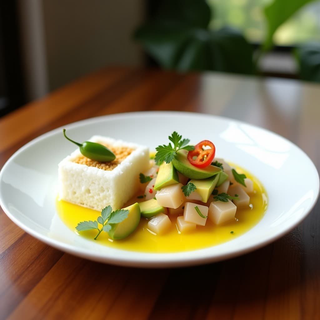 Plato de ceviche de corvina y lulo con bavarois de coconut: trozos de corvina marinada en leche de tigre amarilla, acompañados de cebolla morada, cilantro y aguacate, junto a un bavarois de coco cremoso en molde rectangular, decorado con coco rallado y gotas de aceite de oliva.