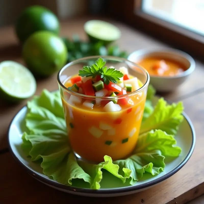 Ceviche de corvina fresca en cubos bañados en una Tigre’s Milk de lulo de color amarillento, acompañado de cebolla morada, tomate de árbol y culantro. Servido en copa de cristal sobre hojas de lechuga, con cancha serrana espolvoreada y hielo al lado. Receta ecuatoriana fresca y cítrica.