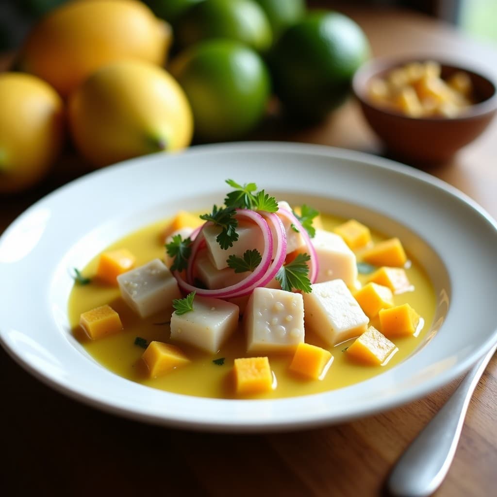 Ceviche de corvina con leche de tigre de lúuma servido en plato blanco, con cubos de corvina marinada, cebolla morada, culantro fresco, camote amarillo y cancha serrana tostada. La leche de tigre de color ámbar claro rodea el plato. Fondos borrosos de limones y lúumas enteras.
