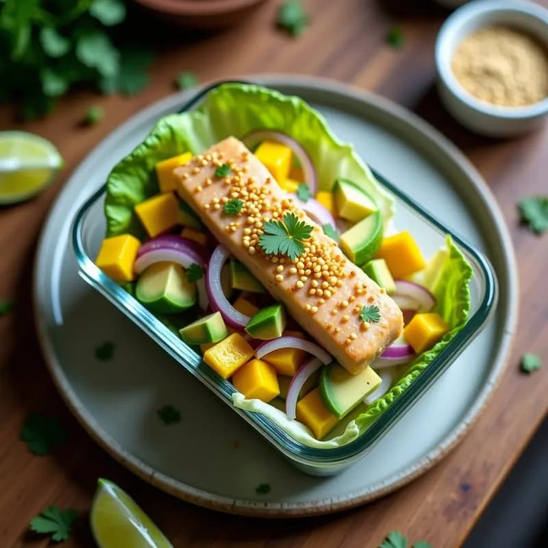 Ceviche de corvina con mango y aguacate servido en hojas de lechuga morada sobre un plato de cerámica blanca, decorado con semillas de sésamo y cilantro fresco. Receta ecuatoriana sin gluten ideal para tupper.