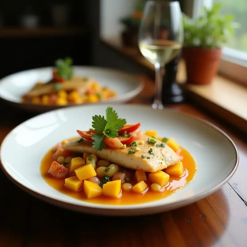Plato hondo blanco con ceviche de corvina en cubos, mango en dados, cebolla morada y culantro fresco, bañado en Tigre’s Milk cítrico. Decorado con rodajas de limón y chile de árbol. Receta peruana fresca y picante.