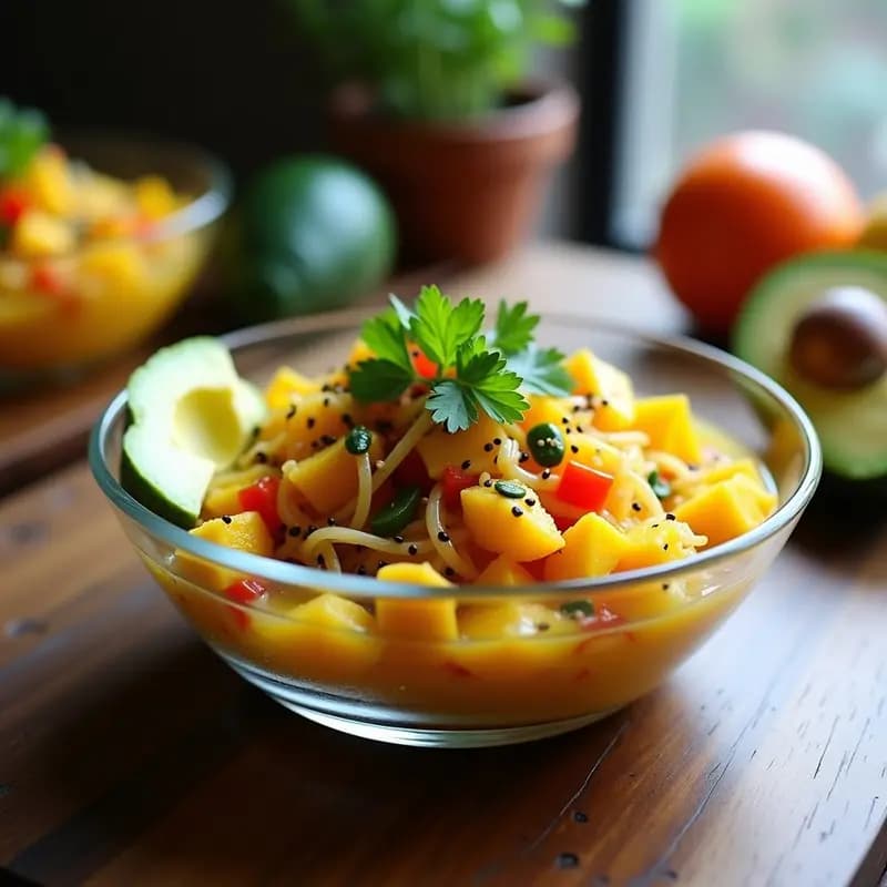 Ceviche de corvina con mango y cúrcuma servido en un plato blanco hondo, con cubos de corvina marinada en leche de tigre amarilla, trozos de mango maduro, cebolla morada en juliana y cilantro fresco. Decorado con semillas de sésamo y acompañado de hojas de lechuga morada.