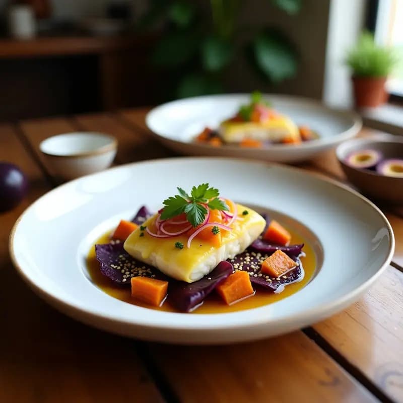 Plato de ceviche de corvina con maracuyá y camote morado, servido sobre hojas de lechuga morada, decorado con pimienta rosa y maíz tostado, con colores vibrantes y texturas frescas.