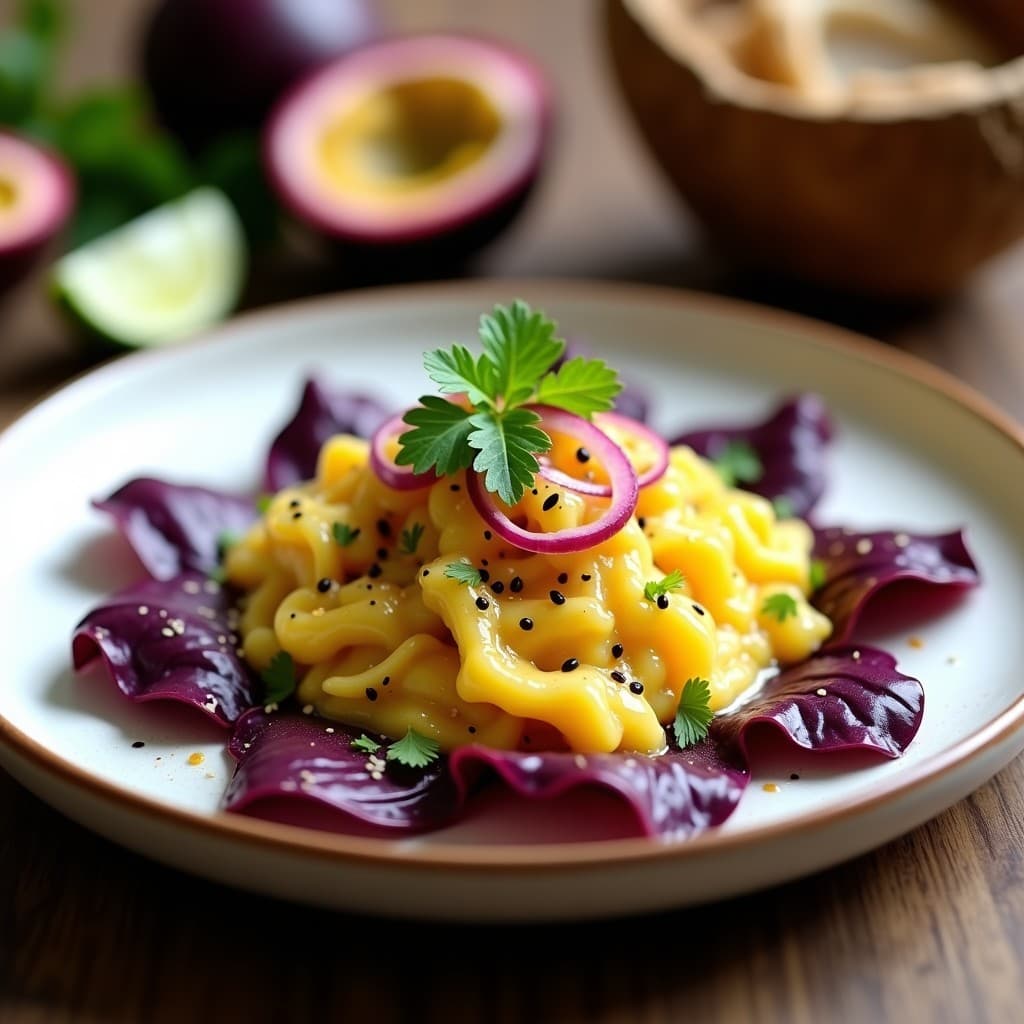 Ceviche de corvina vegana con maracuyá y leche de cocotero, servido sobre hojas de lechuga morada en un plato blanco rústico. El plato muestra trozos de jackfruit marinado en leche de tigre amarilla con semillas de maracuyá, cebolla morada en juliana, cilantro fresco y decoración de semillas de sésamo negro. Fondos borrosos de limones y cocos para contexto tropical.