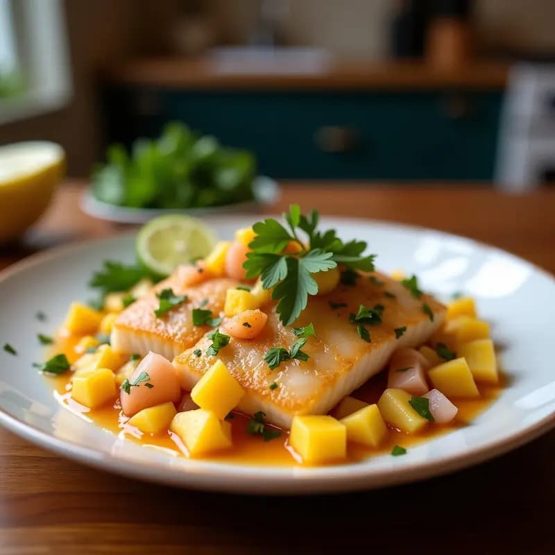 Ceviche de corvina con trozos frescos de pescado blanco marinado en una salsa dorada de maracuyá y cúrcuma, servido sobre hojas de lechuga romana, decorado con semillas de sésamo, cilantro fresco y cebolla morada. Plato colorido y vibrante con toques antioxidantes, típico de la cocina peruana.