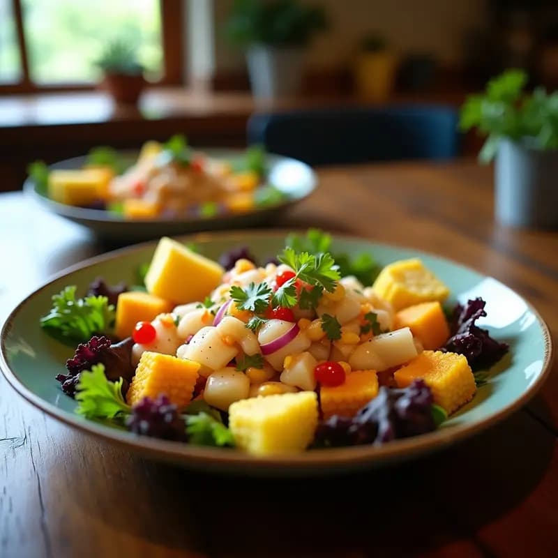 Plato de ceviche ecuatoriano de corvina y maracuyá con leche de tigre de naranja agria, servido sobre hojas de lechuga morada, acompañado de camote amarillo y rodajas de choclo, con un fondo rústico de madera.