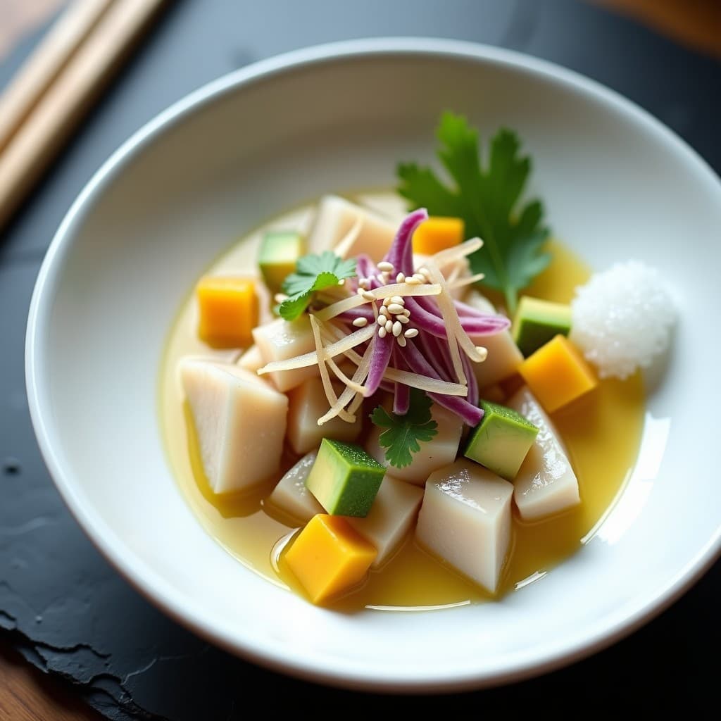 Plato de ceviche de corvina y miso blanco Nikkei, con trozos de pescado blanco marinado en leche de tigre de yuzu, decorado con cebolla morada, pimiento rojo, cilantro, alga nori y semillas de sésamo negro, servido en un bol de cerámica oscura.