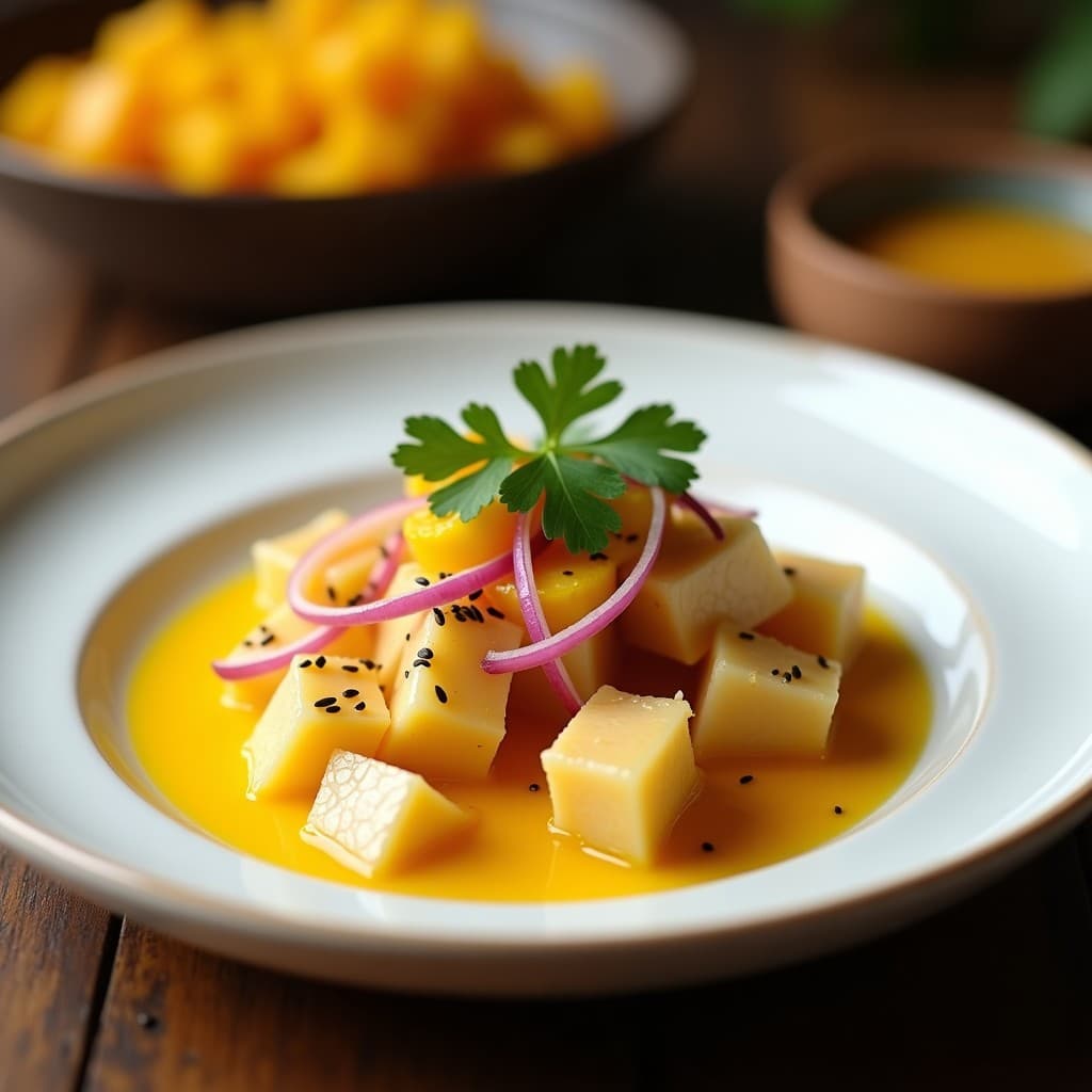 Plato elegante con ceiche de corvina en cubos nacarados bañados en Tiger’s Milk de maracuyá de color amarillo dorado, servido sobre hojas de lechuga morada y acompañado de cancha serrana crujiente, cebolla morada y granos de pimienta rosa.