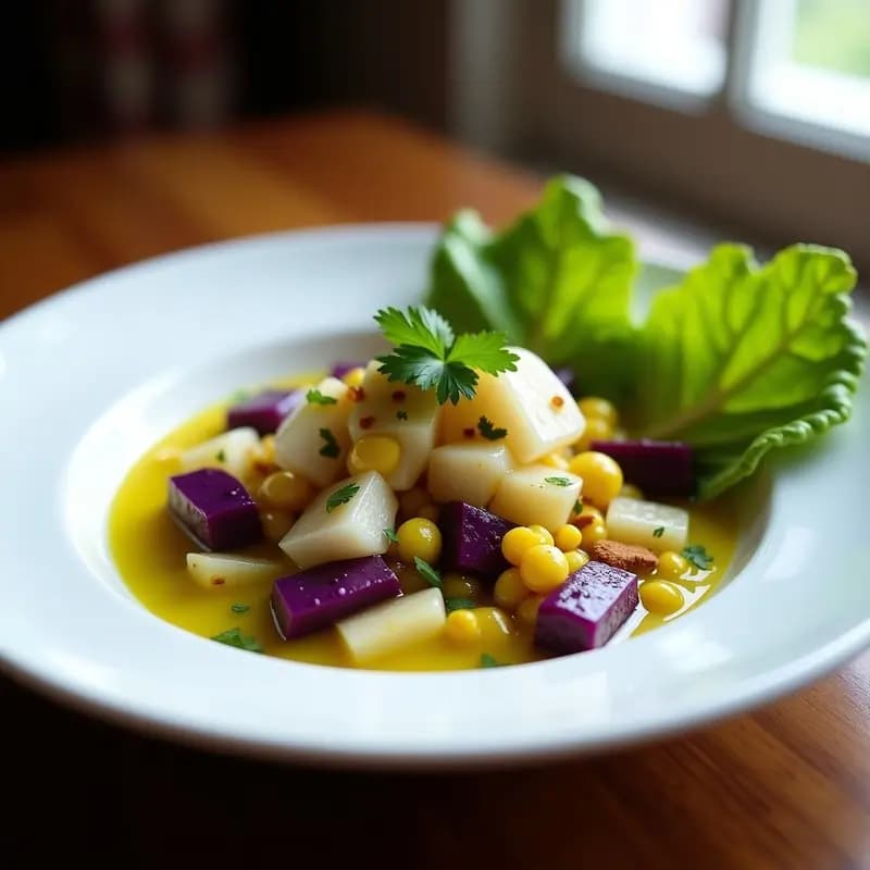 Plato tradicional peruano de ceviche de corvina con Tigre’s Milk, servido sobre rodajas de camote morado, decorado con maíz tostado, cebolla roja en juliana y culantro fresco. Presentación vibrante y colorida.