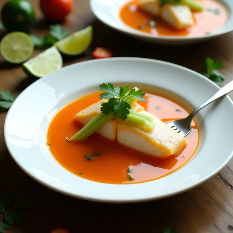 Plato de ceviche de corvina al vapor con leche de tigre de tamarillo en Thermomix, servido sobre hojas de lechuga romana, acompañado de rodajas de camote morado crujiente y maíz tostado, con decoración de culantro fresco.