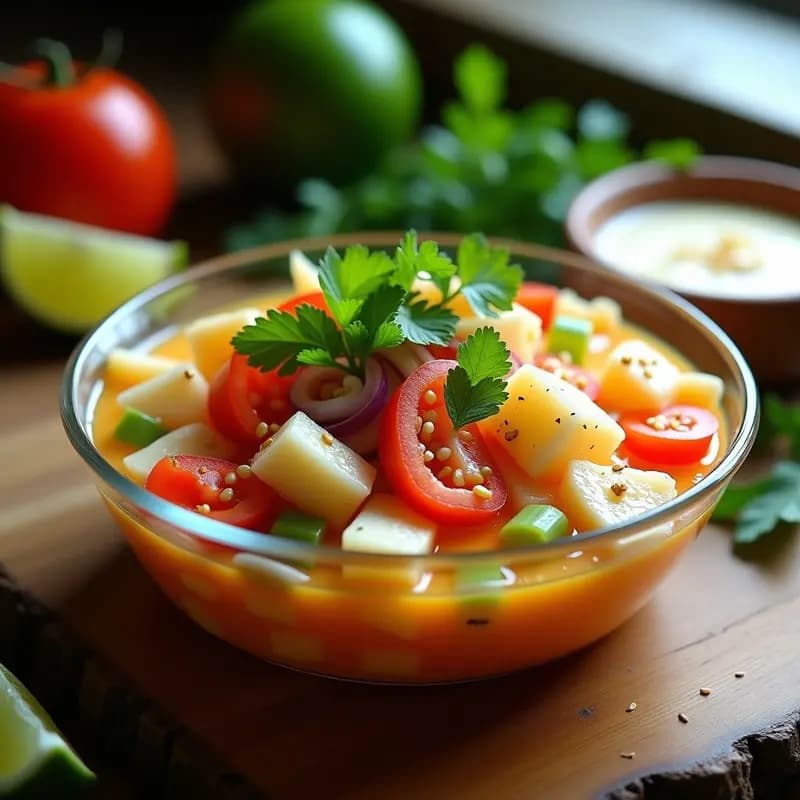 Ceviche de dorada en copa de cristal con leche de tigre de lulo, decorado con semillas de sésamo, rodajas de limón y cilantro fresco, receta colombiana cítrica y refreshing.