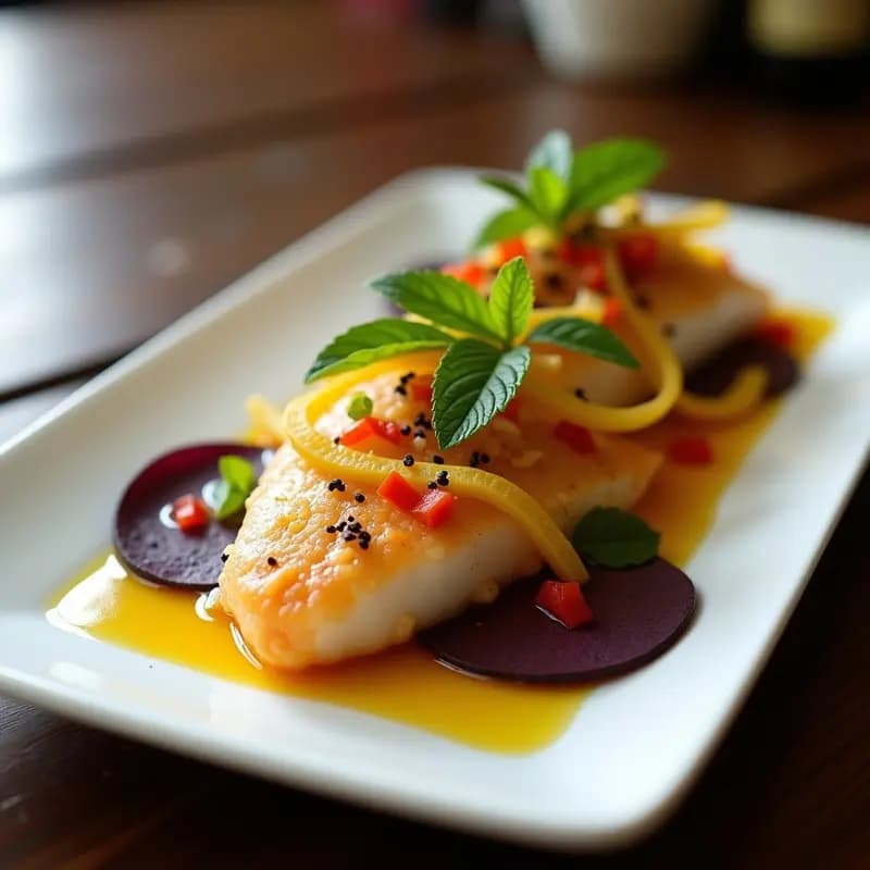 Plato gourmet de ceviche de dorada con leche de tigre, cubos de patata morada vibrante, rodajas de camote naranja y decoración de maíz tostado, cilantro fresco y cebolla roja en juliana sobre un plato de cerámica blanca.