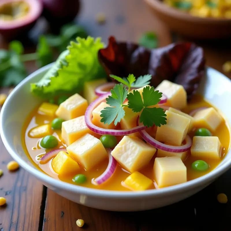 Plato blanco hondo con ceviche de dorada en cubos, bañado en leche de tigre amarilla con trozos de maracuyá, cebolla morada en juliana, apio picado y cilantro fresco. Acompañado de maíz tostado y hojas de lechuga morada. Receta ecuatoriana con toque ácido.