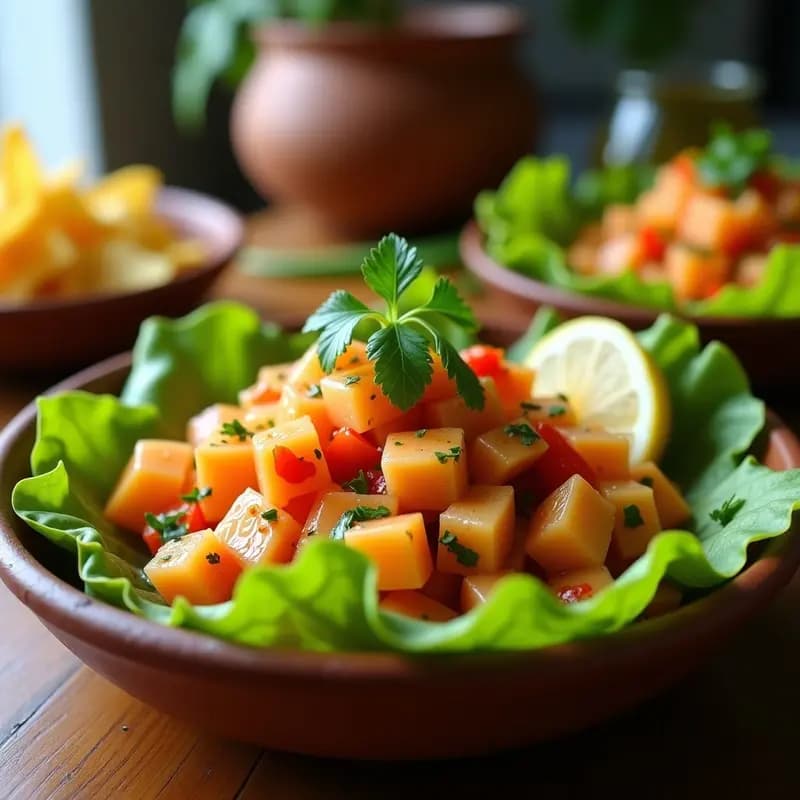 Ceviche ecuadoriano de conchas y naranjilla servido en copa de cristal transparente, con trozos de concha blanca, rodajas de tomate de árbol, cebolla morada y espolvoreado de maní tostado, decorado con hojas de hierbabuena sobre fondo rústico de madera.