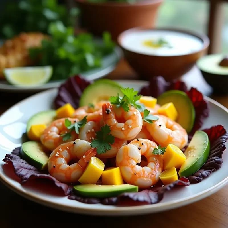 Ceviche ecuatoriano de gambas con trozos de mango amarillo, láminas de aguacate verde y cebolla morada, servido sobre hojas de lechuga morada. Decorado con semillas de sésamo y cilantro fresco, con un fondo de jugo de naranja y limón que resalta su frescura.