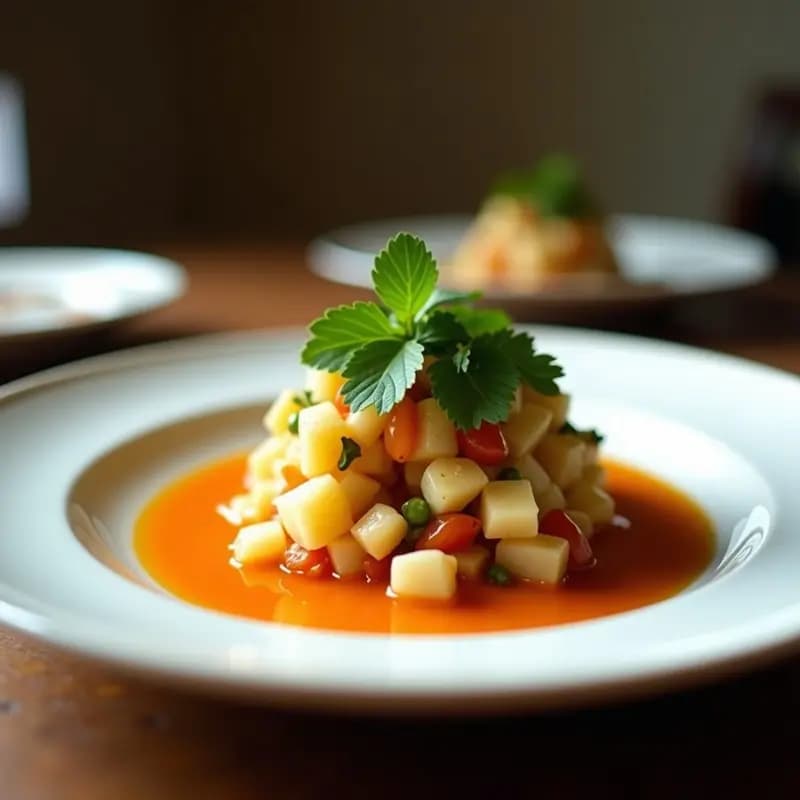 Plato blanco con ceviche de heart of palm en rodajas gruesas, bañado en vinagreta amarilla de maracuyá, decorado con cebolla morada, cilantro fresco, maíz tierno y cubos de aguacate. Entrante vegano y refrescante.