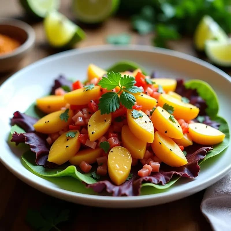 Plato hondo de cerámica blanca con ceviche de hearts of palm en rodajas finas, maracuyá, cilantro fresco y pimiento rojo asado, servido sobre hojas de lechuga morada y decorado con semillas de sésamo tostadas. Receta ecuatoriana vegana y crudivegana.