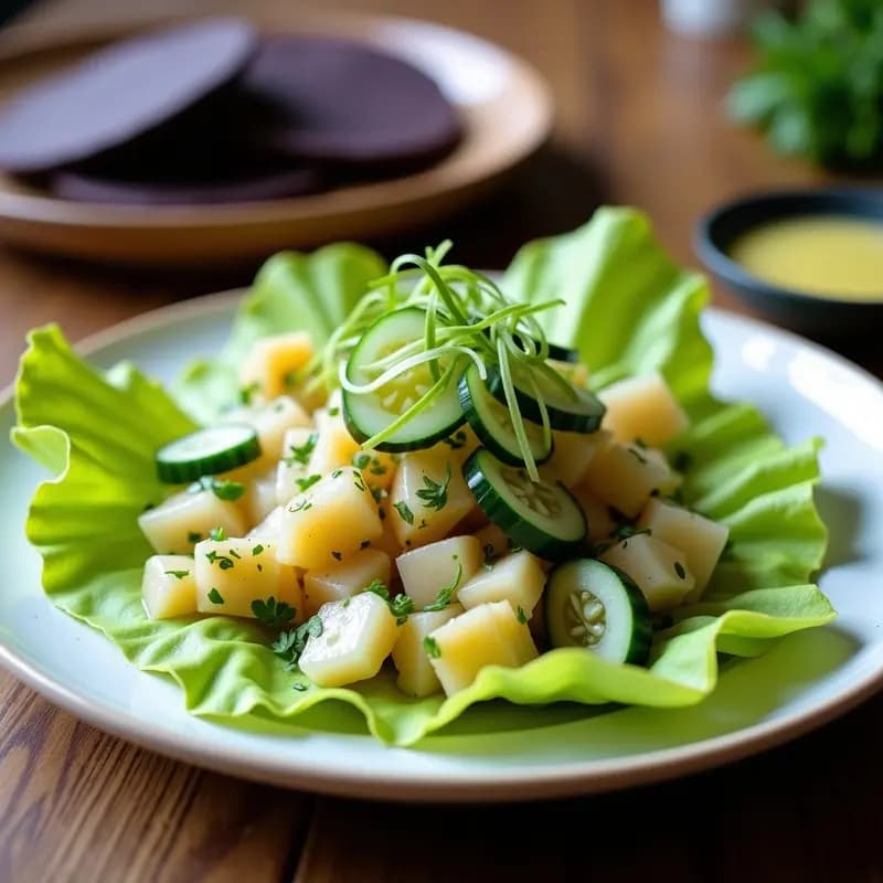 Ceviche vegano de hearts of palm y pepino servido sobre hojas de lechuga butter, con rodajas de pepino y ají charapita como decoración, acompañado de tostadas de maíz morado. Plato fresco y colorido con tonos verdes, morados y blancos, típico de la cocina peruana sin mariscos.