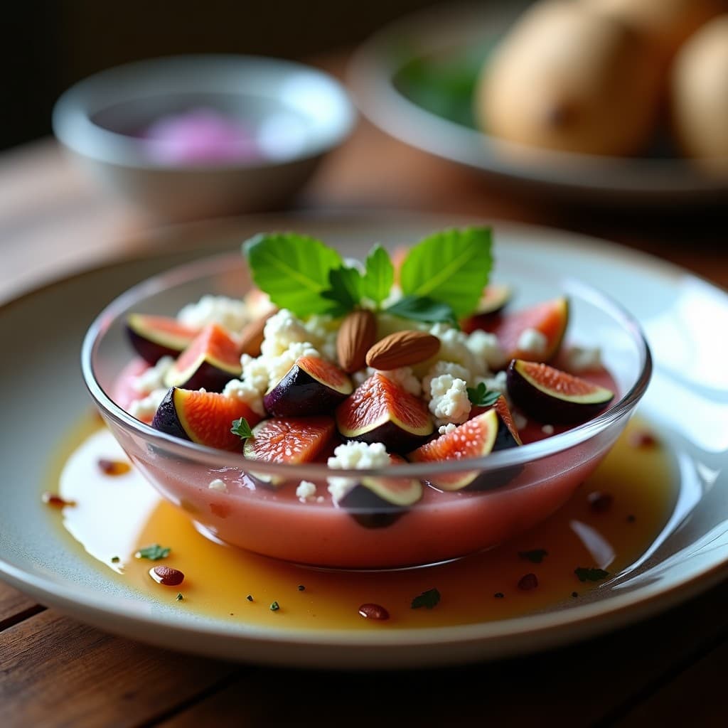 Ceviche de higo y queso de cabra servido en copa de cristal transparente, con higos frescos en cubos, queso de cabra cremoso, almendras fileteadas y un hilo de miel de romero, decorado con hojas de cilantro y pimienta rosa.