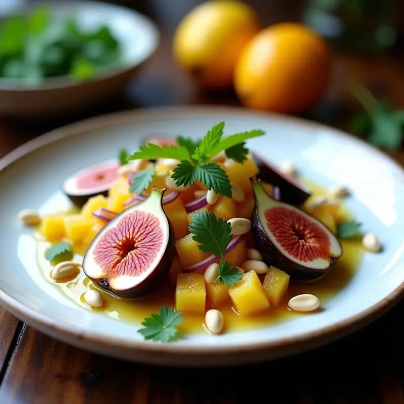 Ceviche de higos y granadilla servido en copa de cristal, con higos en cubos, pulpa de granadilla amarilla, cebolla morada en juliana, cilantro fresco y almendras tostadas por encima. Plato colorido y vibrante con tonos morados, verdes y amarillos.