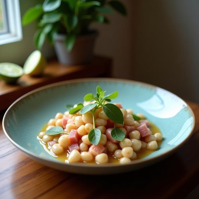 Ceviche de higos frescos en cubos con leche de coco, cebolla morada, pimiento rojo y aguacate, servido en copa de cristal con decoración de cilantro y anacardos tostados. Plato colorido y fresco, receta peruana dulce y salada.